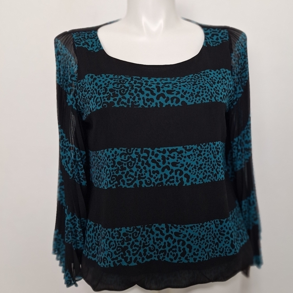 Alfani NEW Blue Black Boxy Animal Print Bold Stripe Mobwife Boho Blouse Size 16